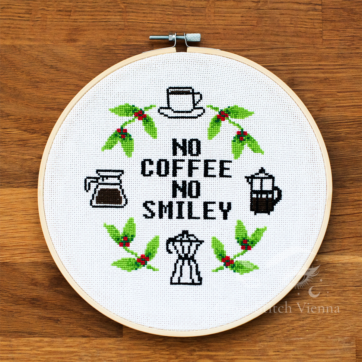 No Coffee No Smiley Cross-Stitch Pattern - Finished Cross-Stitch