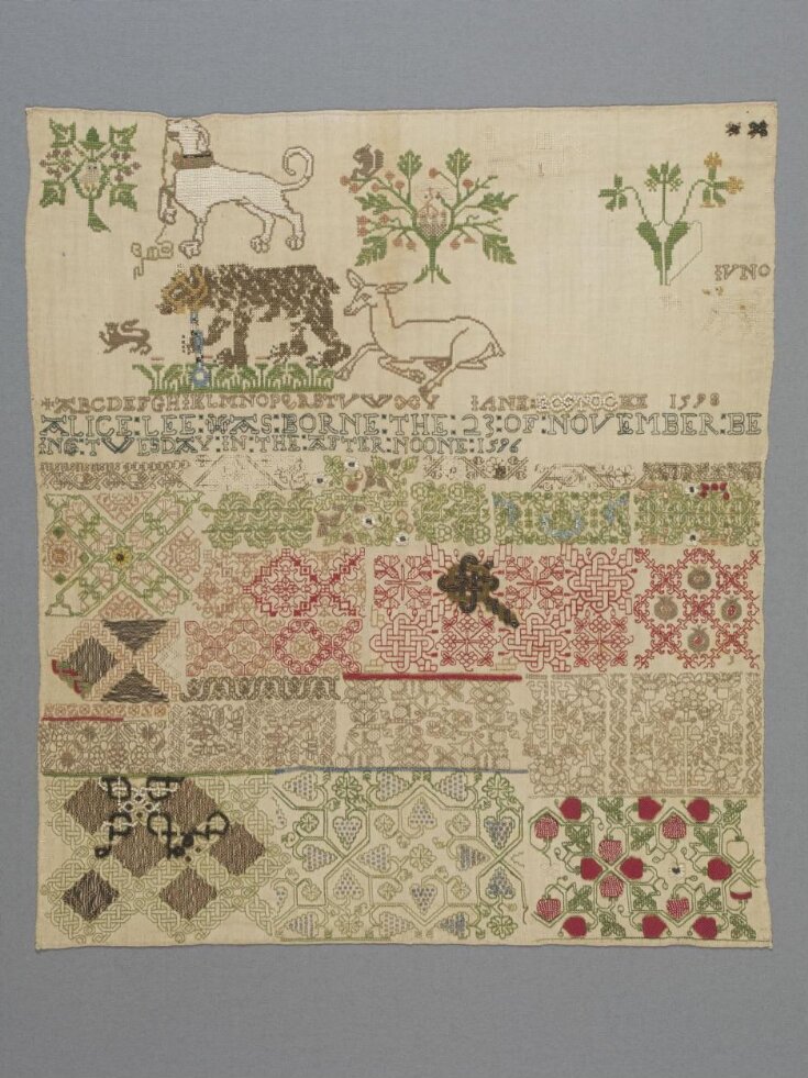 English girl Jane Bostocke created the first known cross stitch sampler in 1598 – depicting and celebrating the birth of a child, Alice Lee, in 1596. 