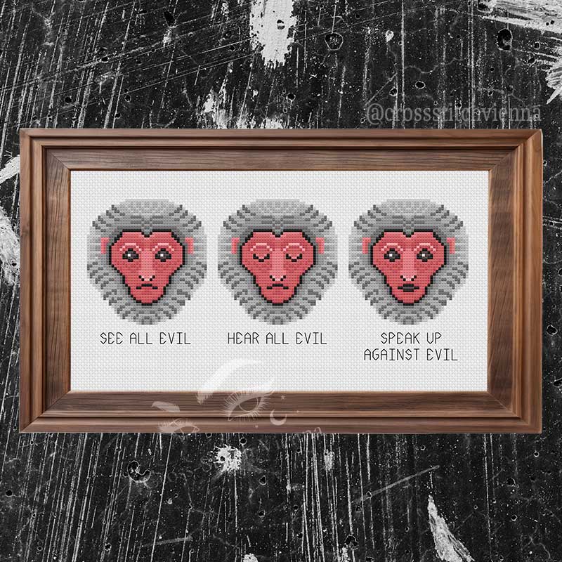 Three Wise Monkeys Cross-Stitch Pattern – Digital PDF in Colour and B&W
